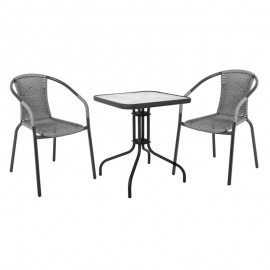 Ε240,12 BALENO Set Κήπου - Βεράντας: Τραπέζι + 2 Πολυθρόνες Μέταλλο Ανθρακί - Wicker Mixed Grey