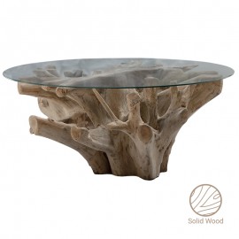 238-000005 Τραπέζι σαλονιού Balance pakoworld γυαλί 6mm tempered-χειροποίητo μασίφ ξύλο φυσικό 100x100x46εκ