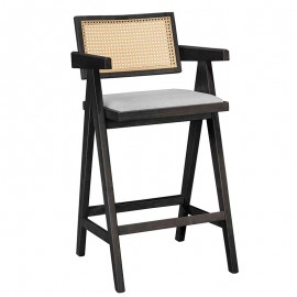 247-000010 Σκαμπό bar με μπράτσα Winslow pakoworld ξύλο rubberwood μαύρο-pvc rattan φυσικό-ύφασμα γκρι