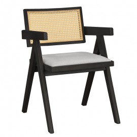 247-000005 Πολυθρόνα Winslow pakoworld ξύλο rubberwood μαύρο-pvc rattan φυσικό-ύφασμα γκρι