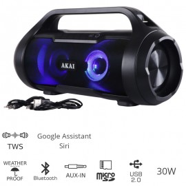 110582-0080 Akai ABTS-50 Αδιάβροχο φορητό ηχείο Bluetooth με TWS, USB, LED, micro SD και Aux-In – 30 W