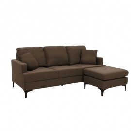 074-000021 Γωνιακός καναπές με σκαμπό Slim pakoworld υφασμάτινος χρώμα καφέ με μαξιλάρια 185x140x70εκ