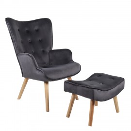 14770001 Πολυθρόνα Μπερζέρα Με Υποπόδιο ArteLibre ANIDORI Γκρι Βελούδο/Ξύλο 73x69x96cm Γκρι