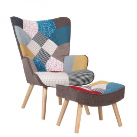 14770007 Πολυθρόνα Μπερζέρα Με Υποπόδιο ArteLibre BRIAR Patchwork Ύφασμα/Ξύλο 73x69x96cm Πολύχρωμο