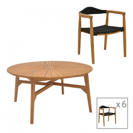 340-000039 Τραπεζαρία 7τεμ. Ganny-Colen pakoworld teak ξύλο σε φυσική-μαυρη απόχρωση Φ150x75εκ