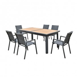 Ε6729,1S NAPOLI Set Dining ALU Κήπου: 6 Πολυθρόνες + Τραπέζι Επεκτ/νο Μαύρο-Καρυδί-Textilene Ανθρακί