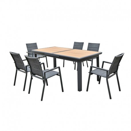 Ε6729,1S NAPOLI Set Dining ALU Κήπου: 6 Πολυθρόνες + Τραπέζι Επεκτ/νο Μαύρο-Καρυδί-Textilene Ανθρακί