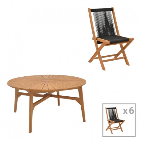 340-000036 Τραπεζαρία 7τεμ. Banou-Colen pakoworld teak ξύλο σε φυσική-μαυρη απόχρωση Φ150x75εκ