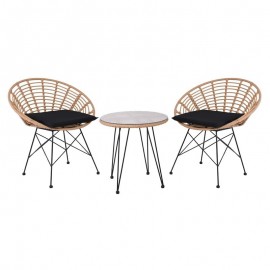 Ε283,S1 SALSA Coral Set Κήπου Μέταλλο Μαύρο - Γυαλί - Wicker Φυσικό: Τραπέζι+2 Πολυθρόνες