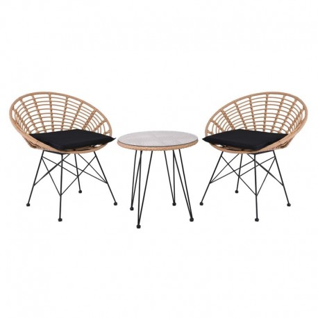 Ε283,S1 SALSA Coral Set Κήπου Μέταλλο Μαύρο - Γυαλί - Wicker Φυσικό: Τραπέζι+2 Πολυθρόνες