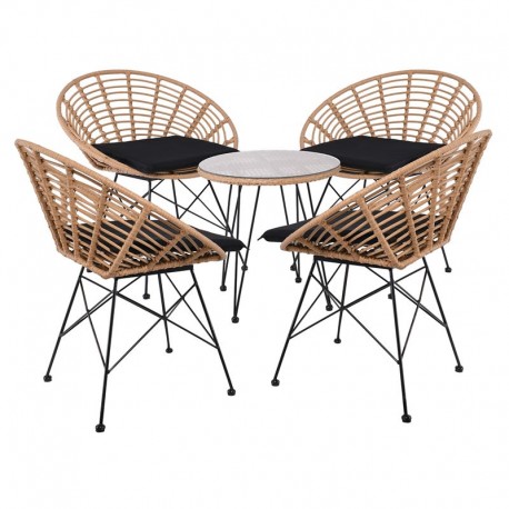 Ε283,S4 SALSA Coral Coffee Set Κήπου Μέταλλο Μαύρο - Γυαλί - Wicker Φυσικό: Τραπεζάκι+4 Πολυθρόνες