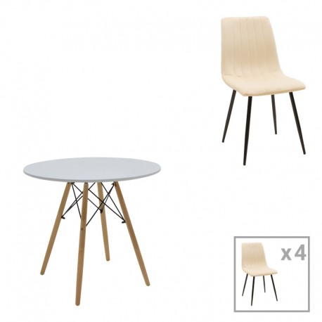 200-001271 Τραπεζαρία Julita-Noor pakoworld σετ 5τεμ MDF λευκό-μπεζ-φυσικό Φ80x73εκ
