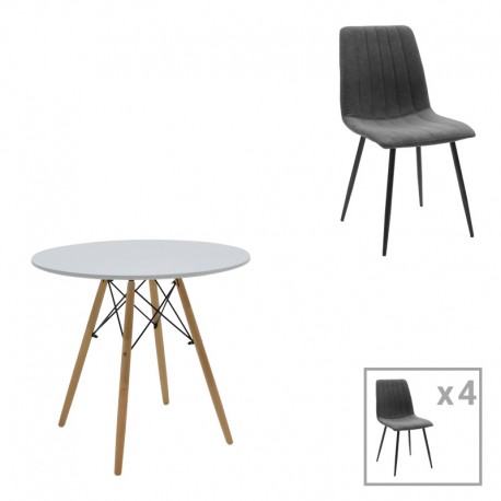 200-001291 Τραπεζαρία Julita-Noor pakoworld σετ 5τεμ  MDF λευκό-ανθρακί-πόδια φυσικό Φ80x73εκ