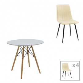 200-001299 Τραπεζαρία Julita-Noor pakoworld σετ 5τεμ MDF λευκό-μπεζ ύφασμα Φ80x73εκ