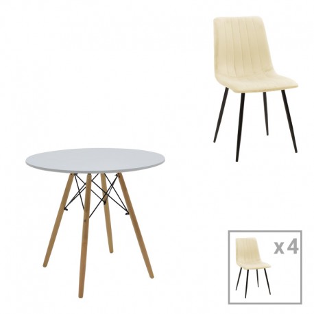 200-001299 Τραπεζαρία Julita-Noor pakoworld σετ 5τεμ MDF λευκό-μπεζ ύφασμα Φ80x73εκ
