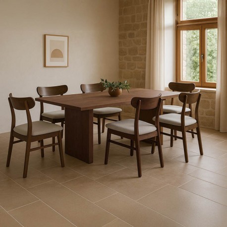 381-000009 Τραπεζαρία Eleganza-Cairo pakoworld σετ 7τεμ mdf σε καρυδί-εκρού απόχρωση 180x99x75.8εκ