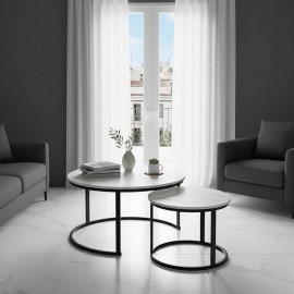 271-000045 Τραπέζια σαλονιού Solme I pakoworld 2τεμ σε λευκή μαρμάρου απόχρωση με μαύρα μεταλλικά πόδια