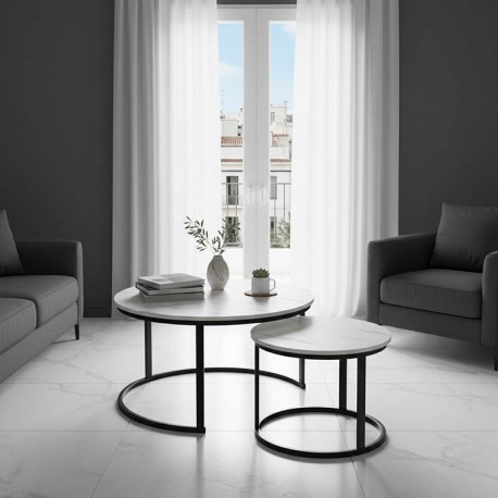 271-000045 Τραπέζια σαλονιού Solme I pakoworld 2τεμ σε λευκή μαρμάρου απόχρωση με μαύρα μεταλλικά πόδια