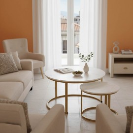 271-000044 Τραπέζια σαλονιού Solme I pakoworld 2τεμ σε λευκή μαρμάρου απόχρωση με χρυσά μεταλλικά πόδια