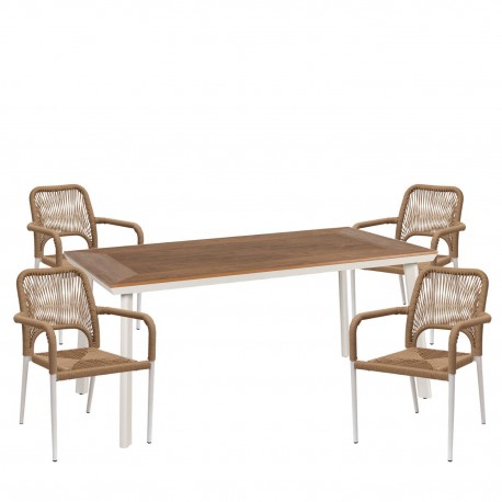 14990247 Σετ Τραπεζαρία Κήπου ArteLibre EPUPA Λευκό/Καρυδί Αλουμίνιο/Ξύλο Με 4 Πολυθρόνες 14990247 Καφέ/Φυσικό/Λευκό