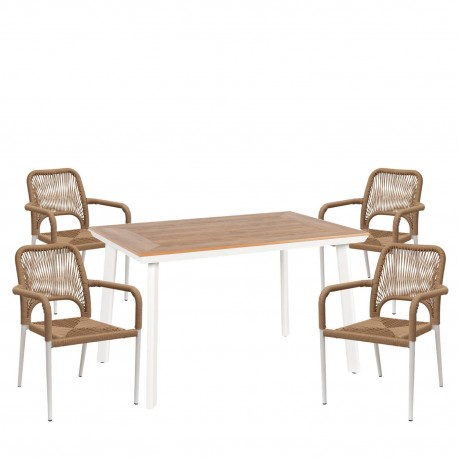14990248 Σετ Τραπεζαρία Κήπου ArteLibre EPUPA Λευκό/Καρυδί Αλουμίνιο/Ξύλο Με 4 Πολυθρόνες 14990248 Καφέ/Φυσικό/Λευκό