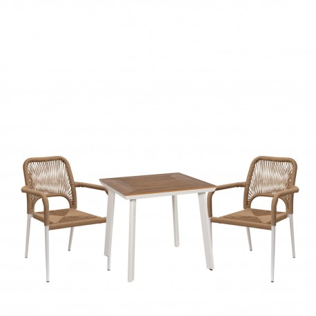 14990267 Σετ Τραπεζαρία Κήπου ArteLibre EPUPA Λευκό/Καρυδί Αλουμίνιο/Ξύλο Με 2 Πολυθρόνες 14990267 Καφέ/Φυσικό/Λευκό