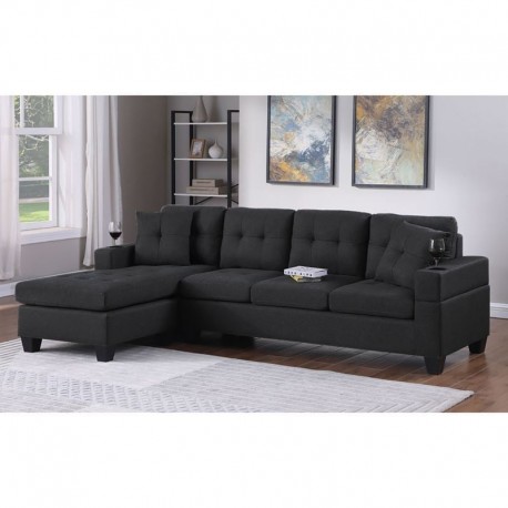 Ε9507,1 JORDAN Καναπές Σαλονιού Γωνία Αναστρέψιμος, Ύφασμα Μαύρο, Μπράτσα με ποτηροθήκες