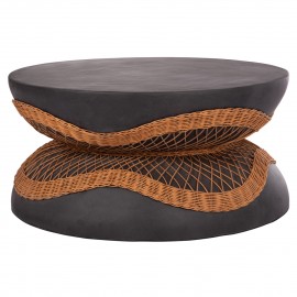 ΤΡΑΠΕΖΙ ΣΑΛΟΝΙΟΥ ΣΤΡΟΓΓΥΛΟ ANNA HM18157.01 FIBER CEMENT ΣΕ ΜΑΥΡΟ-ΦΥΣΙΚΟ RATTAN--Φ92x44.5Υεκ.