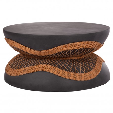 ΤΡΑΠΕΖΙ ΣΑΛΟΝΙΟΥ ΣΤΡΟΓΓΥΛΟ ANNA HM18157.01 FIBER CEMENT ΣΕ ΜΑΥΡΟ-ΦΥΣΙΚΟ RATTAN--Φ92x44.5Υεκ.