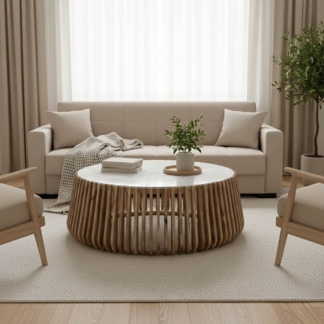 372-000017 Τραπέζι σαλονιού Mable pakoworld mango ξύλο σε φυσική απόχρωση με επιφάνεια μαρμάρου Φ120x45εκ