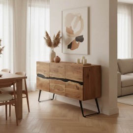 379-000033 Μπουφές Imena pakoworld μασίφ ξύλο Acacia σε φυσική απόχρωση με μαύρα μεταλλικά πόδια 148x43.5x86εκ