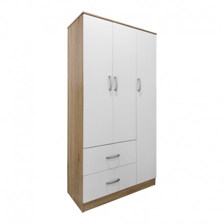 383-000042 Ντουλάπα τρίφυλλη με 2 συρτάρια Athos pakoworld σε sonoma-λευκή απόχρωση 90x42x180εκ