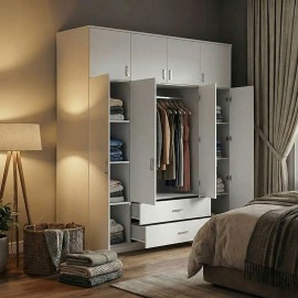 361-000122 Ντουλάπα τετράφυλλη Royal pakoworld με συρτάρια και πατάρι λευκό 200x58x230εκ