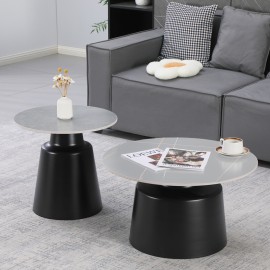 278-000041 Τραπέζια σαλονιού Dualis pakoworld σετ 2 τεμ μαυρο μέταλλο-sintered stone σε γκρι μαρμάρου