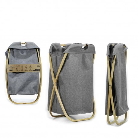 06511253 Καλάθι Απλύτων Πτυσσόμενο Με Polyester 600D Θήκη Γκρι/Φυσικό Ύφασμα/Ξύλο 46x36x72cm