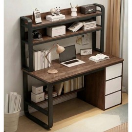 ΕΟ406,3 ΓΡΑΦΕΙΟ Η/Υ 3 Συρτάρια 3 Ράφια Μέταλλο Βαφή Μαύρο, MDF Απόχρωση Καρυδί