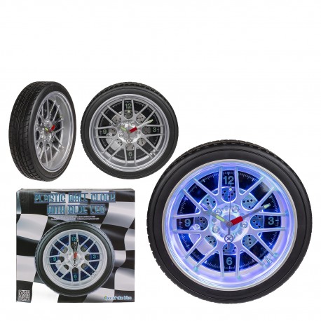 06530434 Ρολόι Τοίχου Ρόδα Αυτοκινήτου Με 16 LED Πλαστικό Φ35cm Μαύρο/Ασημί