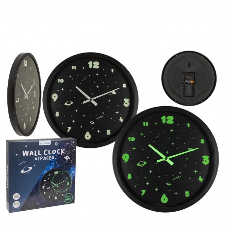 06530438 Ρολόι Τοίχου Διάστημα Φωσφοριζέ Μαύρο Πλαστικό Φ30cm Μαύρο