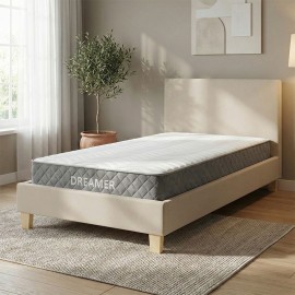 200-001470 Κρεβάτι με στρώμα Nevil-Dreamer pakoworld ύφασμα μπεζ-ξύλινο πόδι σε φυσική απόχρωση 100x200εκ