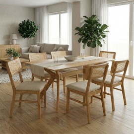 381-000016 Τραπεζαρία Raffles pakoworld σετ 7τεμ rubberwood με pe rattanσε φυσική απόχρωση 150x90x76εκ