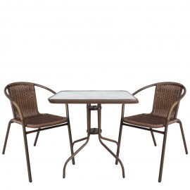 14990485 Σετ Τραπεζαρία Κήπου ArteLibre MARS Καφέ Μέταλλο/Rattan/Γυαλί Με 2 Πολυθρόνες 14990485 Καφέ