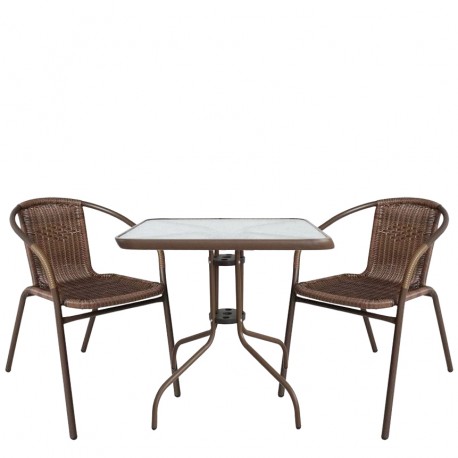 14990485 Σετ Τραπεζαρία Κήπου ArteLibre MARS Καφέ Μέταλλο/Rattan/Γυαλί Με 2 Πολυθρόνες 14990485 Καφέ
