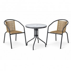 Ε2390,1S MIKA Set Κήπου - Βεράντας: Τραπέζι + 2 Πολυθρόνες Μέταλλο Βαφή Ανθρακί, PE Rattan Φυσικό