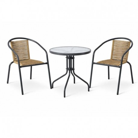 Ε2390,1S MIKA Set Κήπου - Βεράντας: Τραπέζι + 2 Πολυθρόνες Μέταλλο Βαφή Ανθρακί, PE Rattan Φυσικό