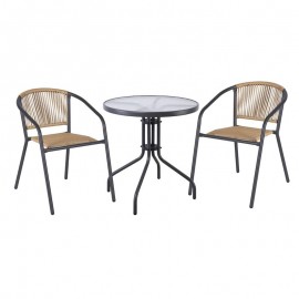 Ε2391,1S PATTY Set Κήπου - Βεράντας: Τραπέζι + 2 Πολυθρόνες Μέταλλο Βαφή Ανθρακί, PE Rattan Φυσικό