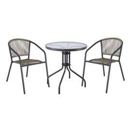 Ε2391,2S PATTY Set Κήπου - Βεράντας: Τραπέζι + 2 Πολυθρόνες Μέταλλο Βαφή Ανθρακί, PE Rattan Γκρι