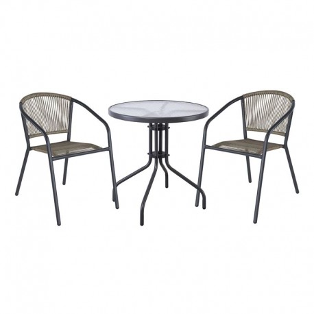 Ε2391,2S PATTY Set Κήπου - Βεράντας: Τραπέζι + 2 Πολυθρόνες Μέταλλο Βαφή Ανθρακί, PE Rattan Γκρι