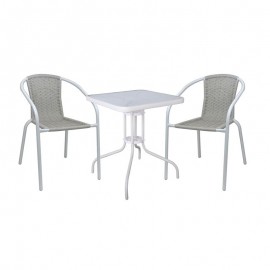 Ε240,13W BALENO-W Set Κήπου - Βεράντας: Τραπέζι + 2 Πολυθρόνες Μέταλλο Άσπρο, Wicker Beige
