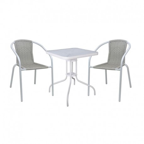 Ε240,13W BALENO-W Set Κήπου - Βεράντας: Τραπέζι + 2 Πολυθρόνες Μέταλλο Άσπρο, Wicker Beige