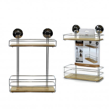 06511187 Εταζέρα Με 2 Ράφια Με Βεντούζες Ασημί/Φυσικό Μέταλλο/Μπαμπού 26x13x36cm